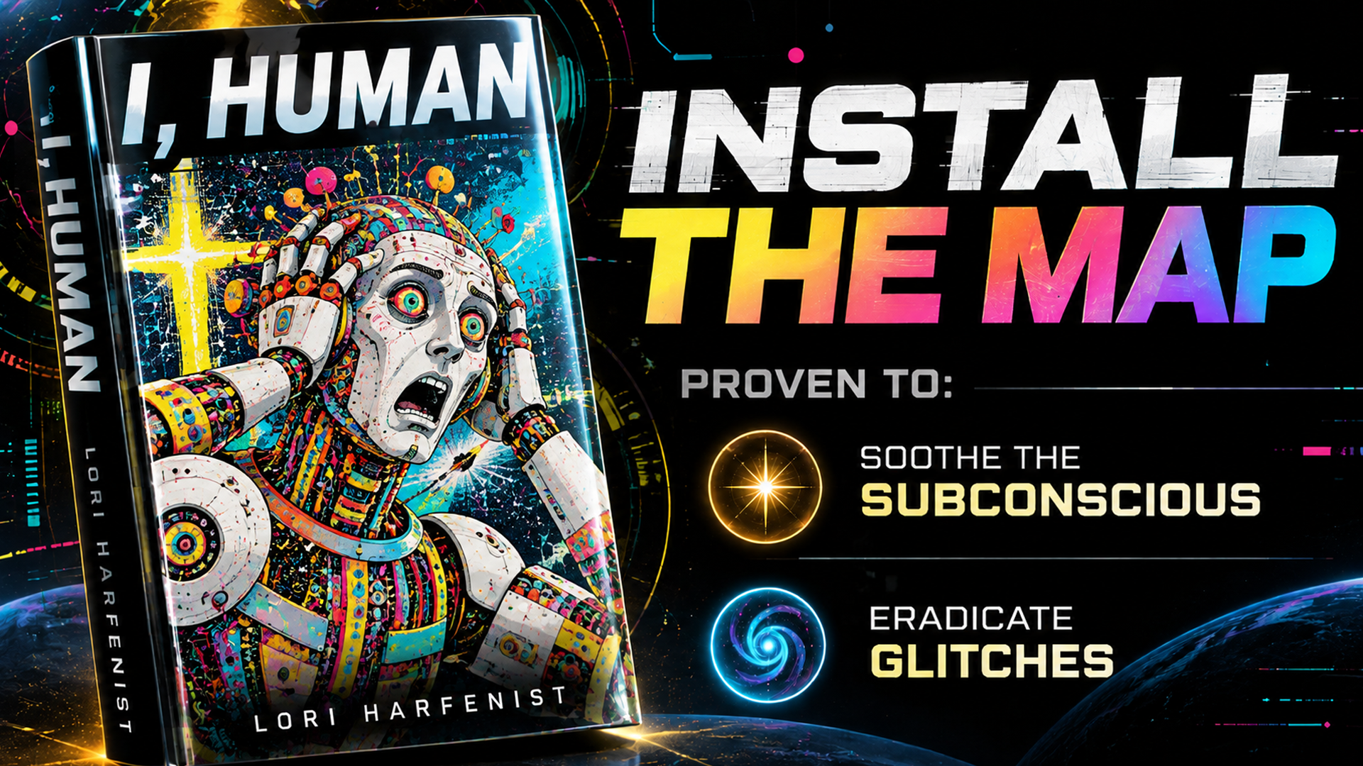 I, Human — INSTALL THE MAP. PROVEN TO: SOOTHE THE SUBCONSCIOUS; ERADICATE GLITCHES. Illustrated I, Human book cover with a distressed robot.